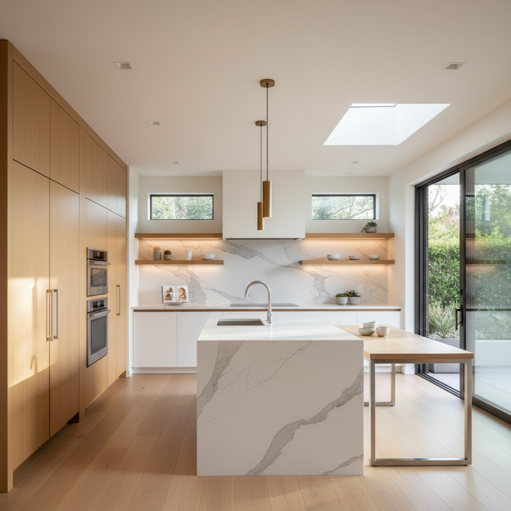 Upscale Belmont kitchen with integrated premium appliances