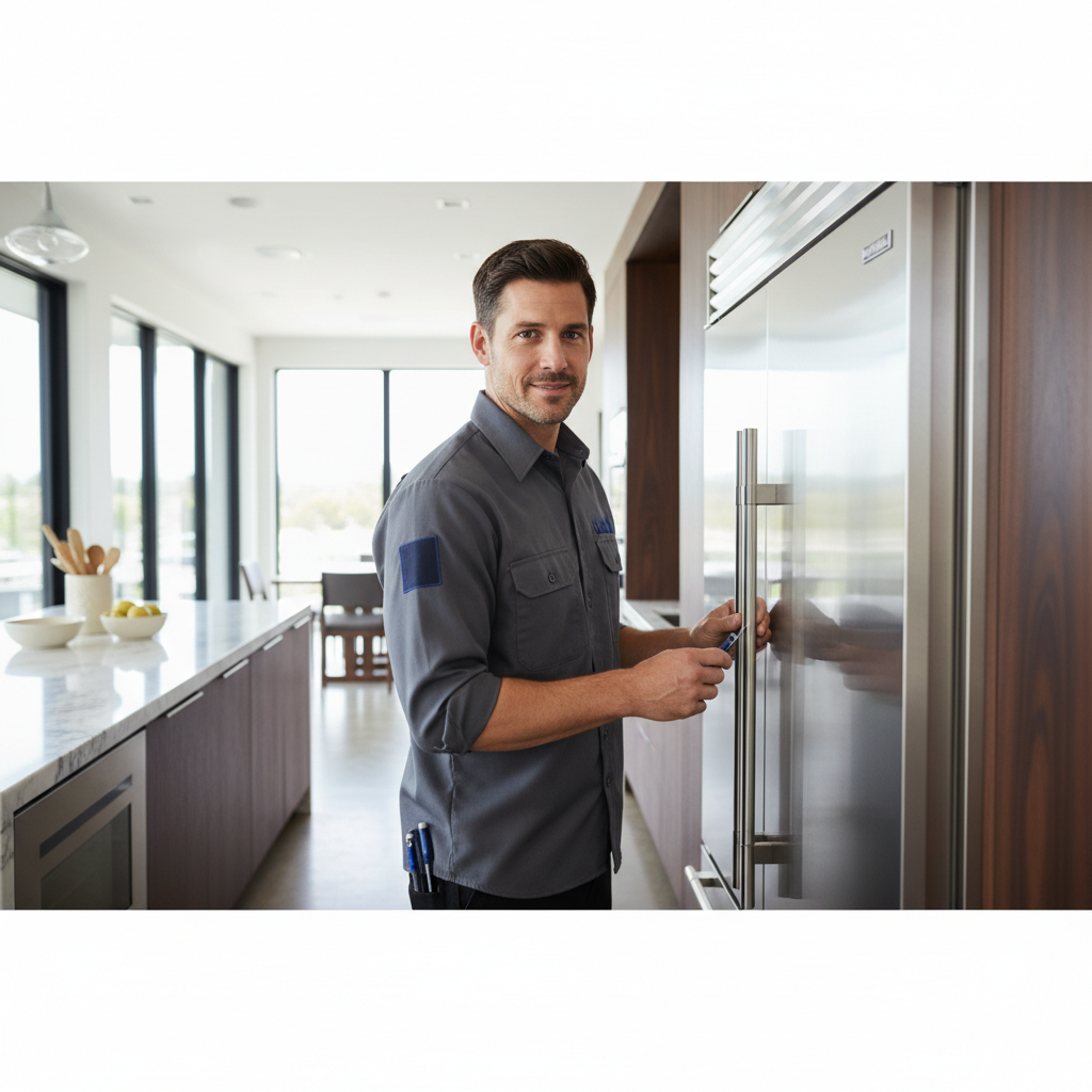 Professional appliance repair technician inspecting a built-in refrigerator